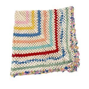 vintage white 34" square striped Doily small table Baby Blanket handmade crochet